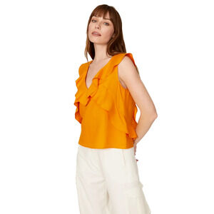 Marissa Webb Ditsy Ruffle Crop Top Sleeveless V-Neck Linen Blend Marigold Size 4